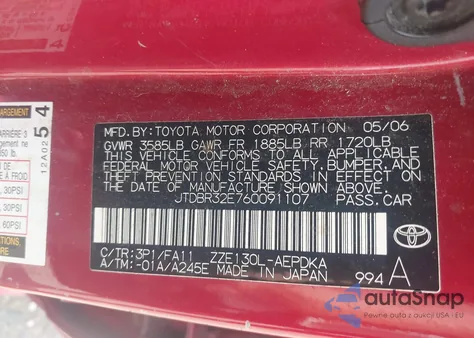 2006 Toyota Corolla Ce from USA, damaged, VIN JTDBR32E760091107